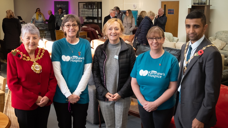 L-R – The Mayor of Oldham, Councillor Jenny Harrison; Alison Taylor (Dr Kershaw’s Area Manager); Joanne Sloan (Dr Kershaw’s Chief Executive); Jayne Whiteman (Dr Kershaw’s Retail Store Manager); The Mayor’s Consort, Councillor Shaid Mushtaq L-R – The Mayor of Oldham, Councillor Jenny Harrison; Alison Taylor (Dr Kershaw’s Area Manager); Joanne Sloan (Dr Kershaw’s Chief Executive); Jayne Whiteman (Dr Kershaw’s Retail Store Manager); The Mayor’s Consort, Councillor Shaid Mushtaq