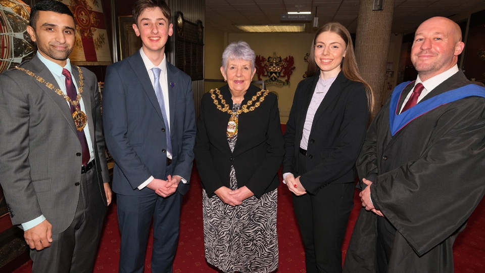 L to R Councillor Shaid Mushtaq - Mayor's Consort, Luke Pennystan - Head Boy, Councillor Jenny Harrison - Mayor of Oldham, Hannah Diamond - Head Girl, Mr Robert Higgins - Headteacher