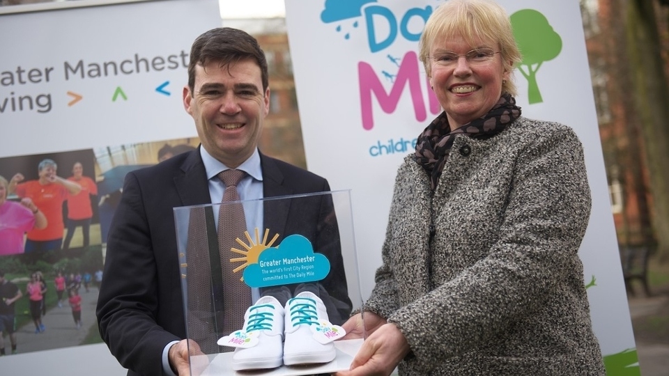 Andy Burnham, the Mayor of Greater Manchester, is pictured with Elaine Wyllie, founder of The Daily Mile