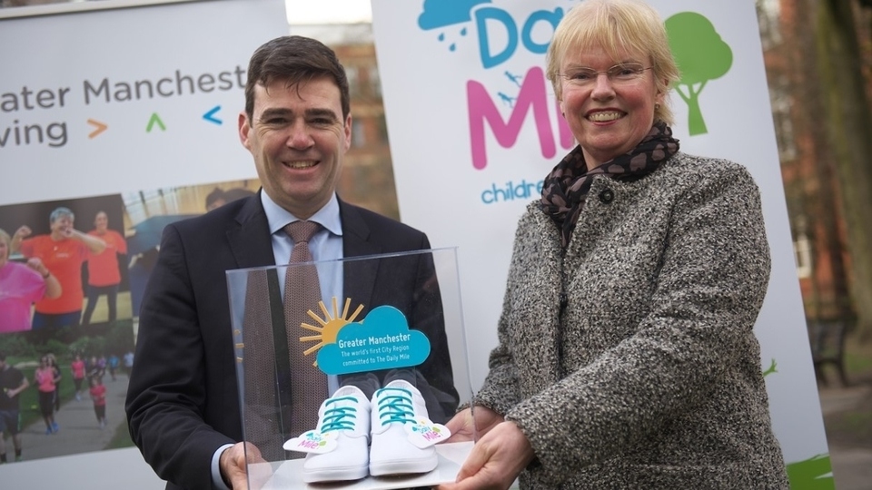 Andy Burnham, the Mayor of Greater Manchester, is pictured with Elaine Wyllie, founder of The Daily Mile Andy Burnham, the Mayor of Greater Manchester, is pictured with Elaine Wyllie, founder of The Daily Mile