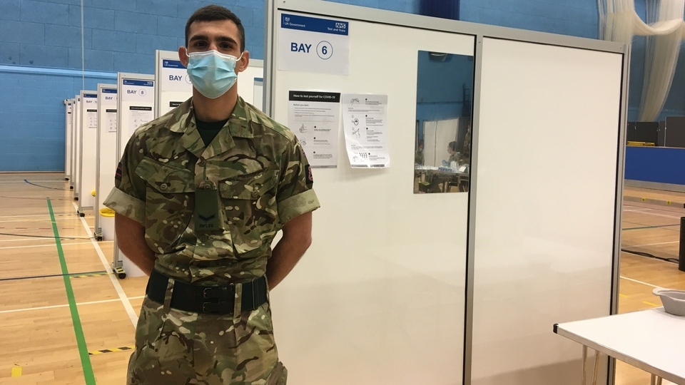 Corporal Andrew Hedges is pictured at the rapid testing centre which has opened at the Oldham Community Leisure Centre and is staffed by the army