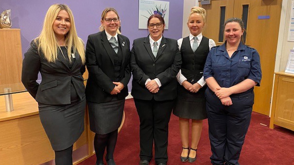 Staff at Oldham Co-Op Funeral Care:  Cara Heald (Funeral Arranger), Rebecca Shipley (Funeral Director), Sarah Willacy (Funeral director), Karen Brown (Funeral Director) and Ruby Johnson (Funeral Service Crew)