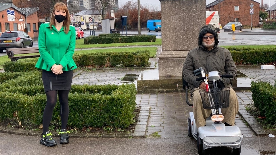 MP Angela Rayner is pictured with Mohammad Shafique with his new mobility scooter MP Angela Rayner is pictured with Mohammad Shafique with his new mobility scooter