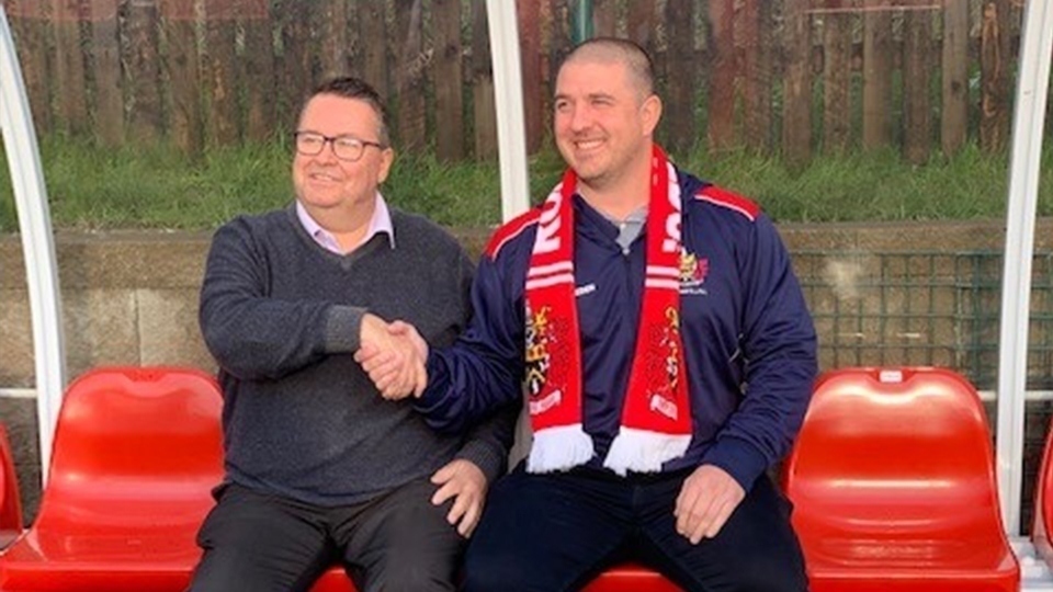 Roughyeds head coach Matt Diskin (right) is pictured with Oldham chairman Chris Hamilton Roughyeds head coach Matt Diskin (right) is pictured with Oldham chairman Chris Hamilton