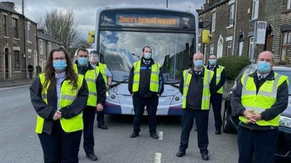 First Manchester bus and drivers get ready for funeral procession on street where Joyce Sutherland lived First Manchester bus and drivers get ready for funeral procession on street where Joyce Sutherland lived