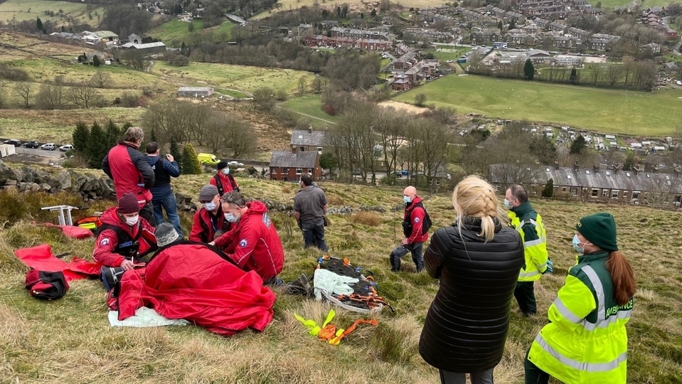 The drama unfolds on the hills above Delph yesterday