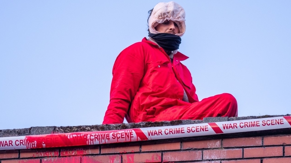 A Palestine Action protestor on the roof of Elbit's factory in Waterhead yesterday A Palestine Action protestor on the roof of Elbit's factory in Waterhead yesterday