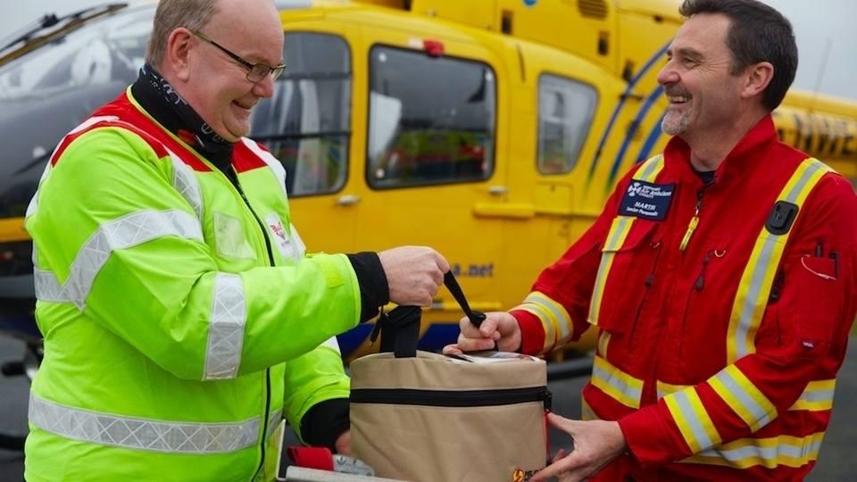 Steve Deakin, from Blood Bikes Manchester, is pictured with Martin Booth, a North West Air Ambulance Charity Paramedic