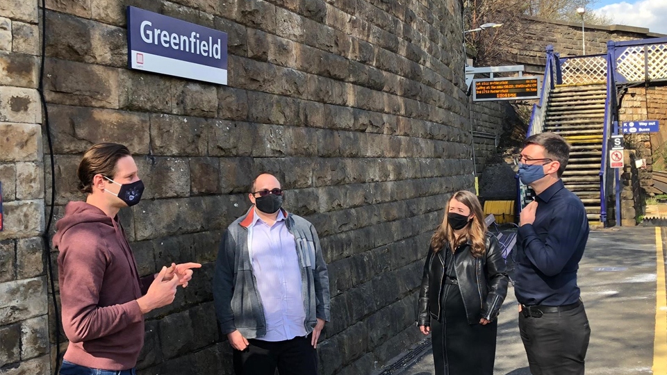 Mayor Burnham at Greenfield Station with Cllr Sean Fielding and Labour council candidates Stephanie Shuttleworth and Connor Green