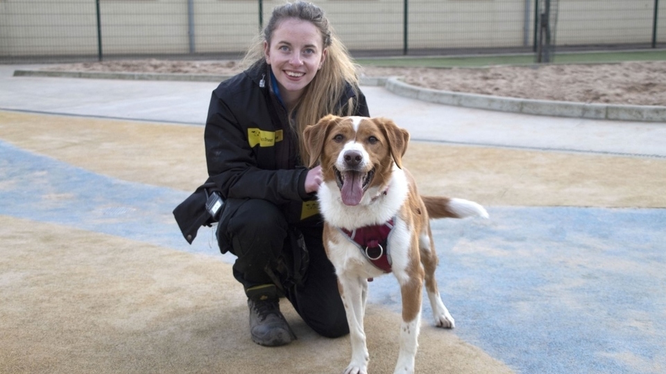 Cheeky Charlie is pictured with Assistant Training and Behaviour Adviser Charlotte Moyes