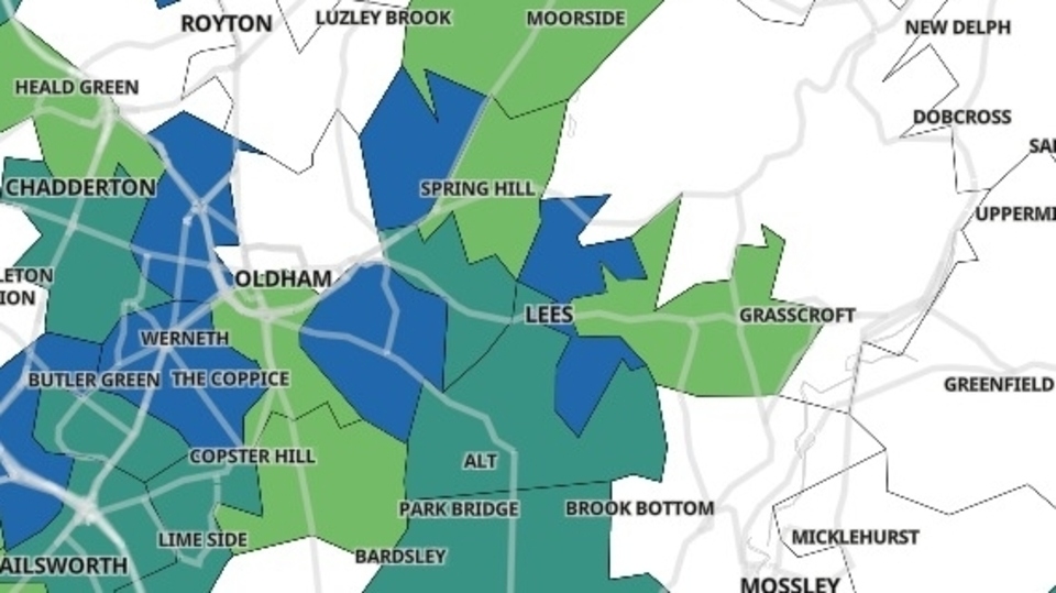 The government heat map of Covid-19 cases in Oldham in the week to April 15. 