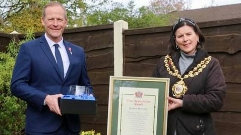 Steve Hill receives his Civic Appreciation award from the Mayor of Oldham, Councillor Ginny Alexander