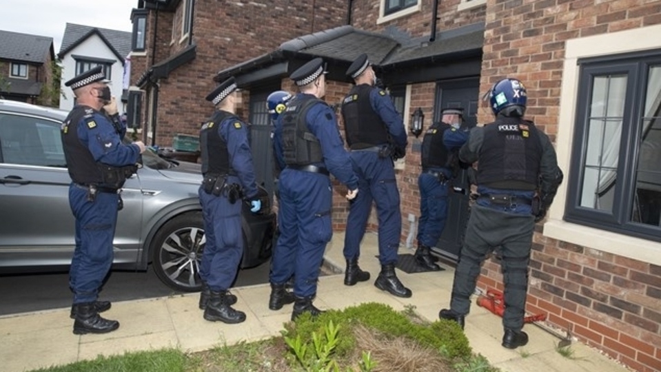 Officers from Greater Manchester Police's Tactical Aid Unit (TAU) and Serious and Organised Crime Group (SOCG) raided properties in Oldham, Bury, Milnrow, Radcliffe, Farnworth, and Crumpsall Officers from Greater Manchester Police's Tactical Aid Unit (TAU) and Serious and Organised Crime Group (SOCG) raided properties in Oldham, Bury, Milnrow, Radcliffe, Farnworth, and Crumpsall
