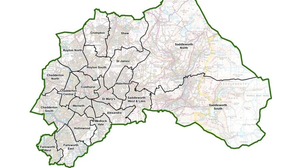 Current wards in Oldham Borough Council. Image contains Ordnance Survey data (c) Crown copyright and database rights 2020