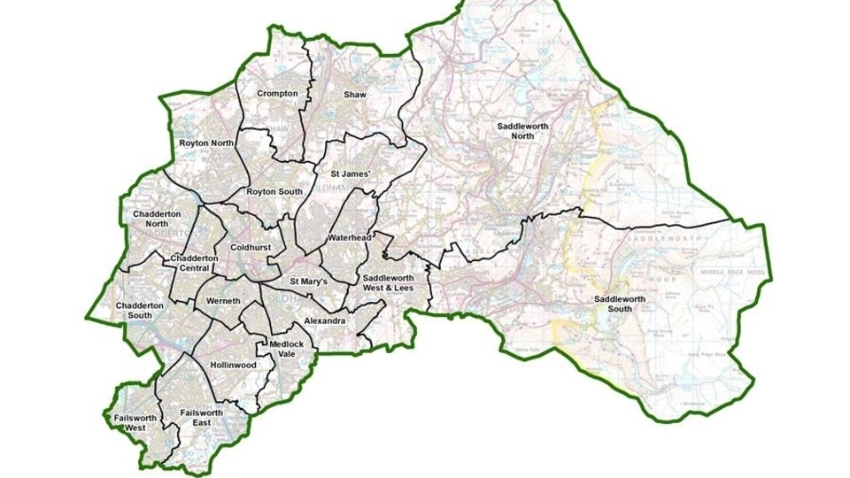Current wards in Oldham Borough Council. Image contains Ordnance Survey data (c) Crown copyright and database rights 2020 Current wards in Oldham Borough Council. Image contains Ordnance Survey data (c) Crown copyright and database rights 2020