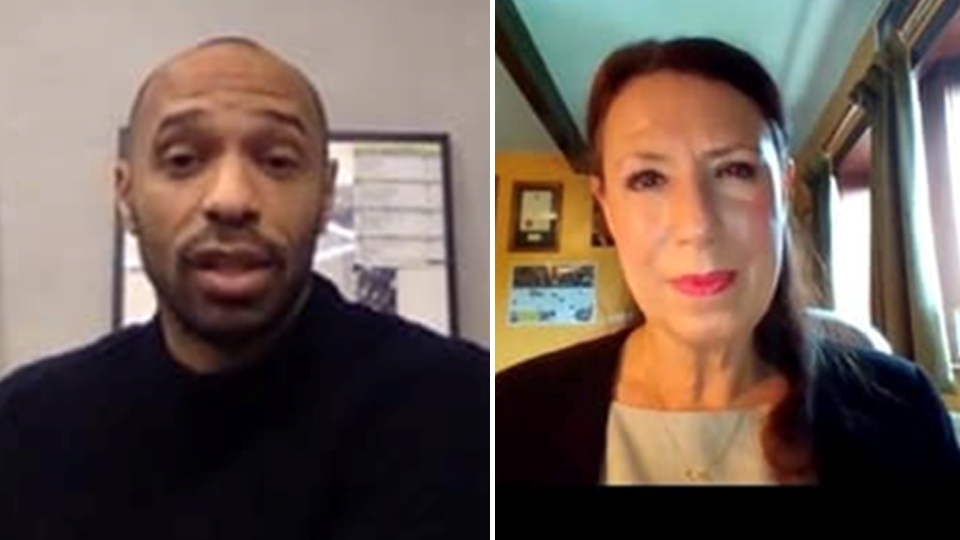 Debbie Abrahams MP talking to Thierry Henry about the online abuse he has experienced.