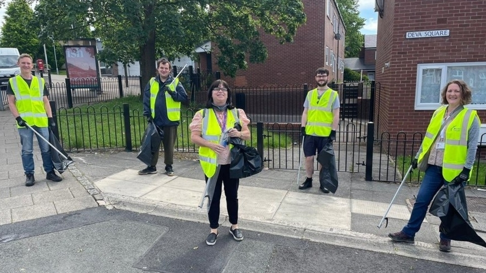 Pictured (left to right) are: Chris Goode, David Jones, Jacqueline Scanlon-Wells, Sam West and Sarah Costigan taking part in the Great British Spring Clean