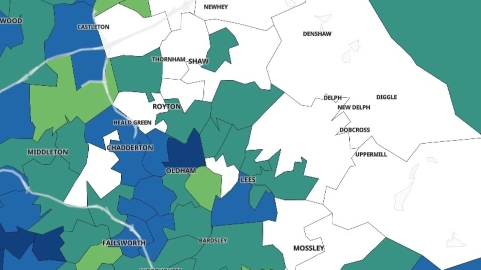 Map of Covid-19 cases in Oldham in the week to May 29