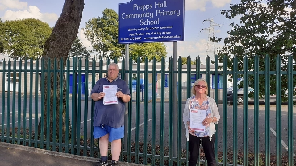 Failsworth West Councillors Elaine Garry and Pete Davis pictured outside Propps Hall School