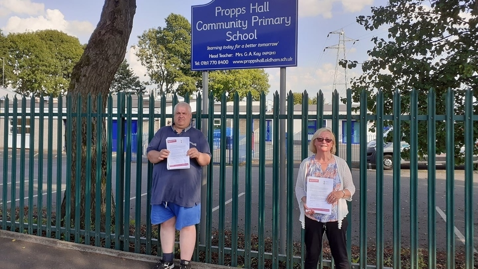 Failsworth West Councillors Elaine Garry and Pete Davis pictured outside Propps Hall School Failsworth West Councillors Elaine Garry and Pete Davis pictured outside Propps Hall School