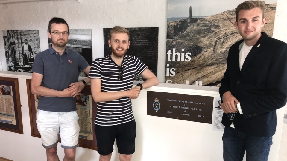 Pictured (left to right) are: Historian Roy Crozier with Councillors Luke Lancaster and Max Woodvine, plus the plaque to A B Wood, after its presentation at Saddleworth Museum Pictured (left to right) are: Historian Roy Crozier with Councillors Luke Lancaster and Max Woodvine, plus the plaque to A B Wood, after its presentation at Saddleworth Museum