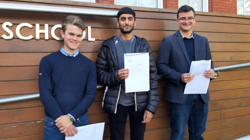 Hulme School high achievers Charlie Chadwick, Huzaifa Iqbal and Aleksander Markiewicz