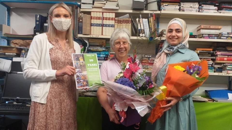 Pictured at the Oldham Oxfam shop are Lorna Fallon, Oxfam's Retail Director,
Mary Pendlebury, a shop volunteer who received a certificate for 50 years' service to Oxfam, and Ghaidaa Ghazi, another shop volunteer
