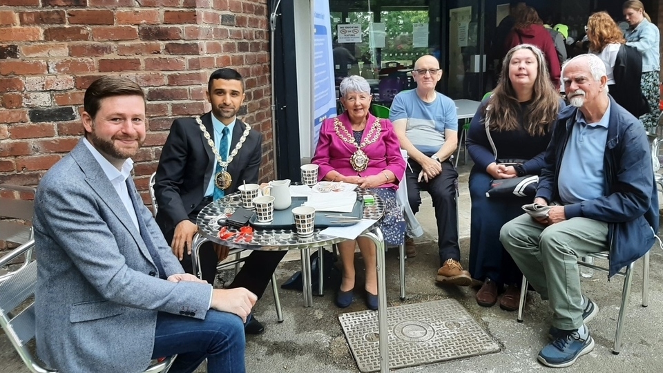 Pictured at Foxdenton Park are (left to right): Jim McMahon, MP for Oldham West and Royton, Cllr Shaid Mushtaq, Mayor's consort, Cllr Jenny Harrison, Mayor, and Chadderton Central Councillors Eddie Moore, Elaine Taylor and Colin McLaren