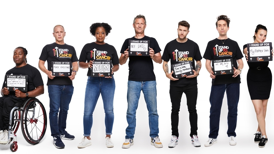 Stars including Oldham’s Nick Grimshaw (second from right), Ade Adepitan, Robert Rinder, Charlene White, Adam Hills, Joel Dommett and Gizzi Erskine are sharing their cancer experiences in a new film to encourage people across the North West to support Stand Up To Cancer