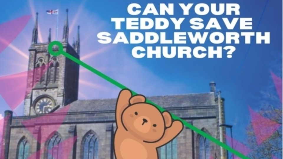 The Oldham Mountain Rescue team have constructed a perilous zip-line from the top of the church tower, where children can watch their cuddly toy fly from the top and meet them safely at the bottom The Oldham Mountain Rescue team have constructed a perilous zip-line from the top of the church tower, where children can watch their cuddly toy fly from the top and meet them safely at the bottom