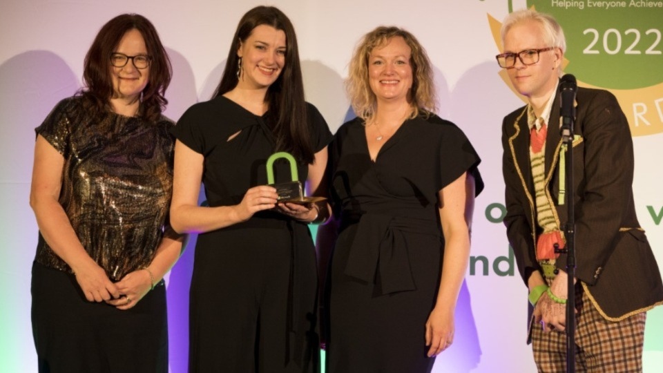 nasen award winners for Teacher Development in Technology were Oldham College. Pictured (middle, left to right) are: Liz Wilcox, Programme Tutor, Dyslexia and Faye McLaughlin, Assistive Technologist