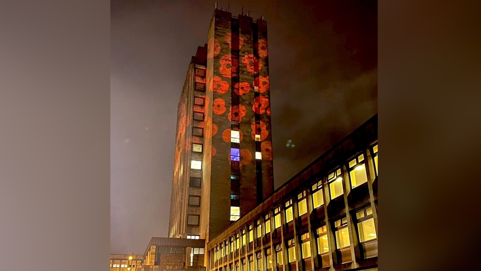 Oldham Civic Centre was lit up with poppies last year