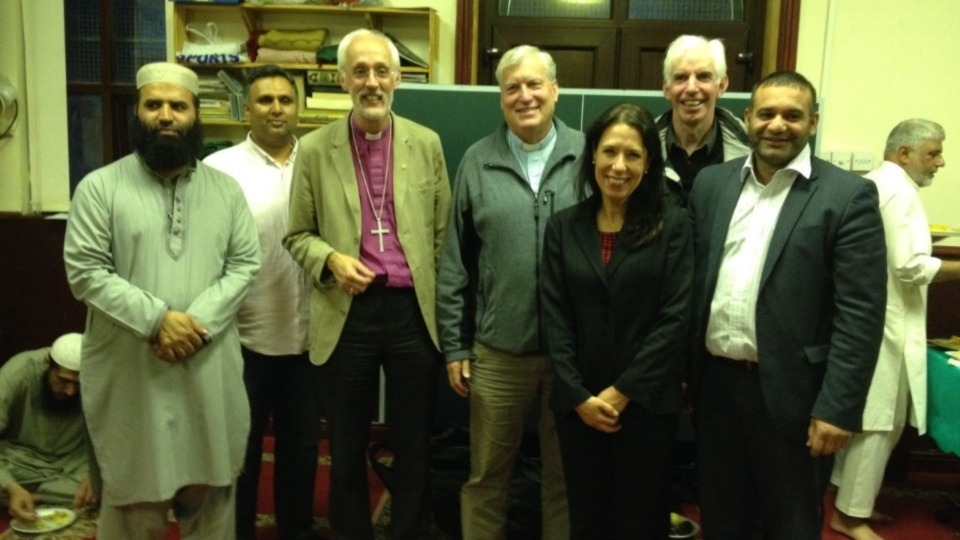 Pictured are the Bishop of Manchester, Fr. Phil Sumner, who is the OIF project manager, Cllr Shoab Akhtar, Debbie Abrahams MP and others during a Mosque visit