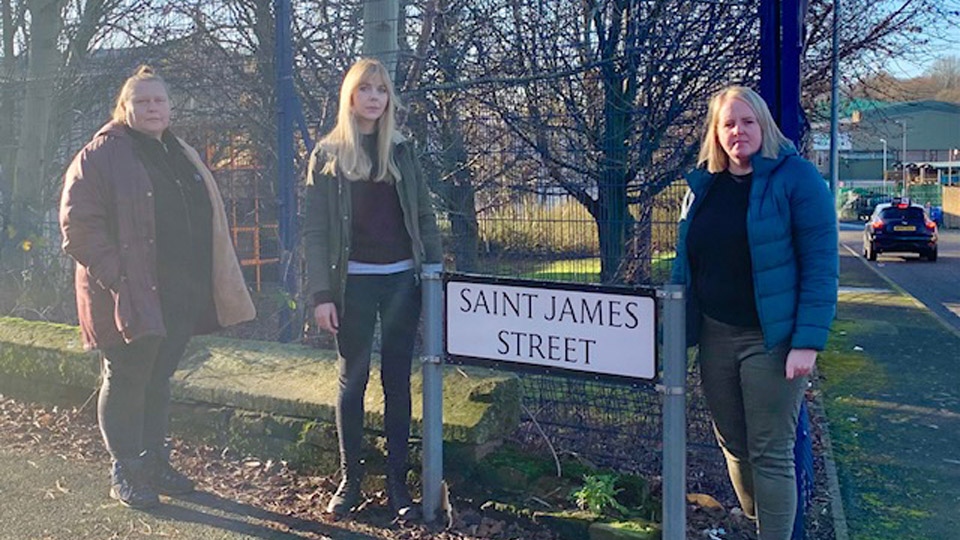 Cllr Angela Cosgrove, Labour candidate and campaigner Leanne Munroe, and Cllr Amanda Chadderton at St James Street