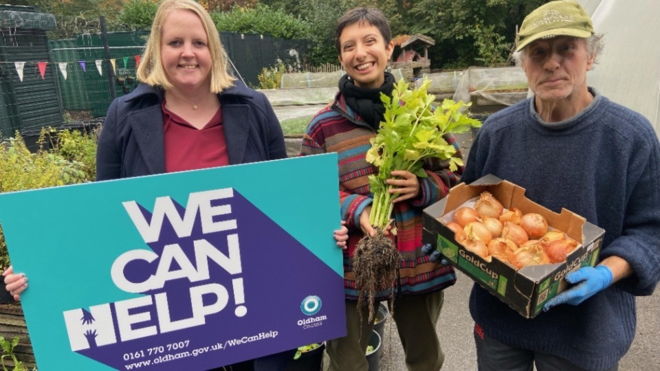 Volunteers at The Hub with Oldham Council leader, Cllr Amanda Chadderton