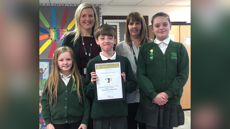 Lila Crispin, Kyla Warren and Jack O'Donnell with Ann Grant, Learning Mentor and Laura Humble, Vice Principal & MHWB Lead Lila Crispin, Kyla Warren and Jack O'Donnell with Ann Grant, Learning Mentor and Laura Humble, Vice Principal & MHWB Lead