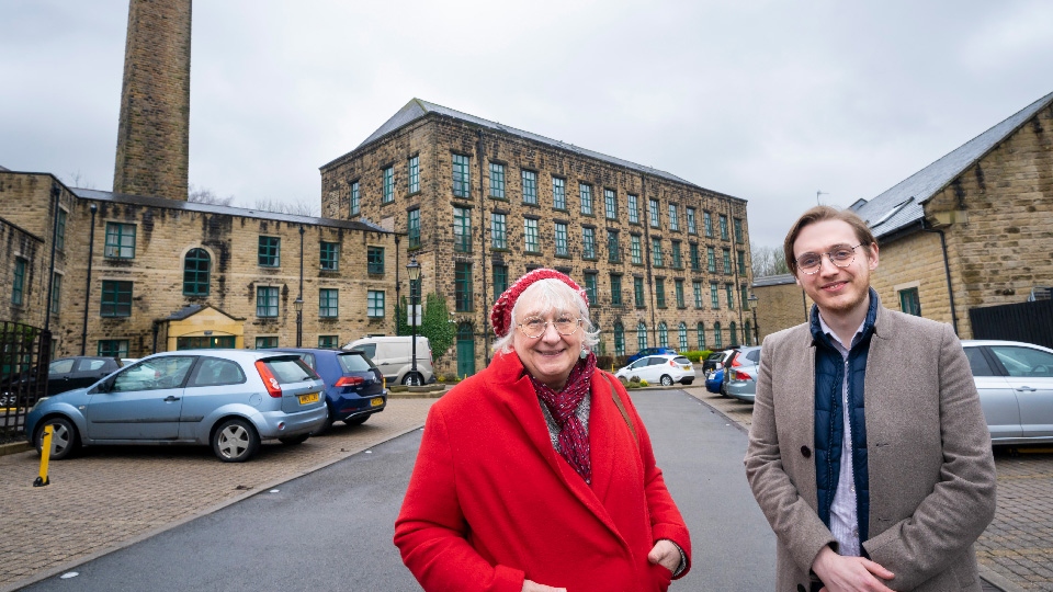 Cllr Hannah Roberts with Antony Lowe , Historic Places Adviser (North) at Historic England at Alexandra Mill, Uppermill. A former mill which is now converted into homes