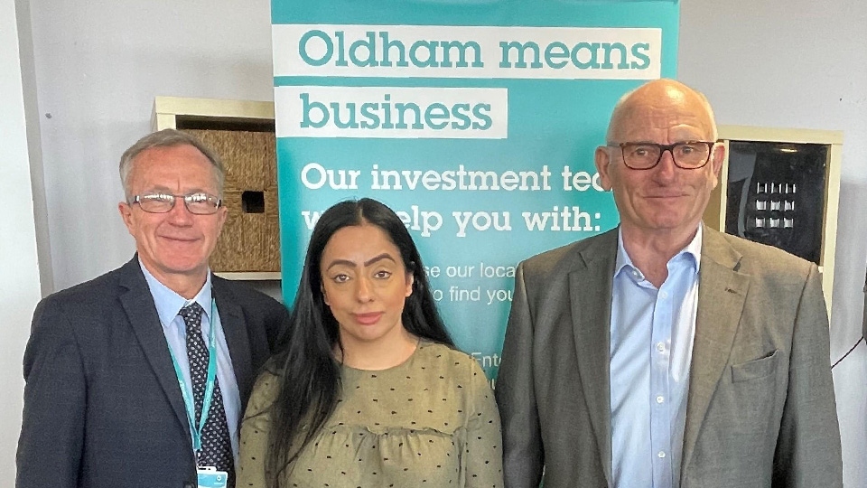 Chief Executive of Oldham Council, Harry Catheral, Council Leader, Arooj Shah, and Business Ambassador Frank Rothwell