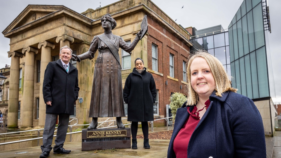 Oldham Council Chief Executive Harry Catherall, Council Leader Cllr Arooj Shah, and Deputy Leader Amanda Chadderton at the Annie Kenney statue in Parliament Square Oldham Council Chief Executive Harry Catherall, Council Leader Cllr Arooj Shah, and Deputy Leader Amanda Chadderton at the Annie Kenney statue in Parliament Square