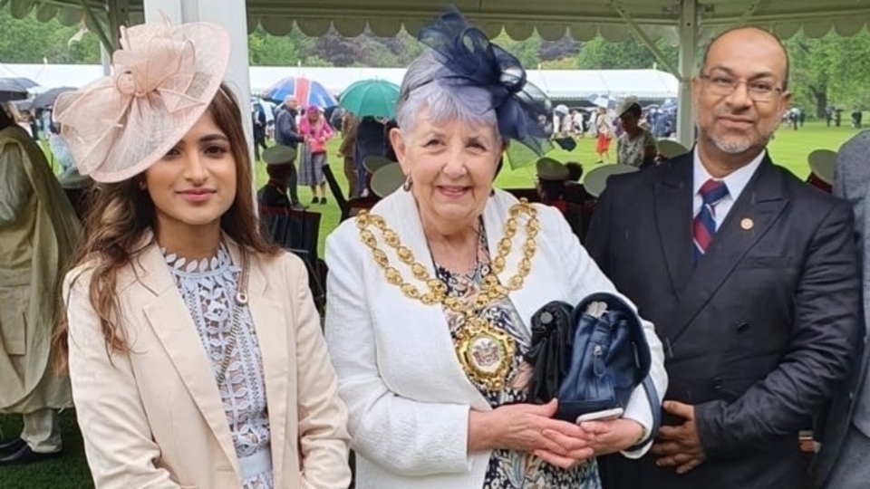 Syra Khan, Oldham Mayor Cllr Jenny Harrison and Deputy Lieutenant Muzahid Khan at The Queen's Garden Party. 