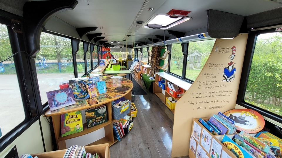 A decommissioned yellow school bus, donated by TfGM to St Stephen's Primary School in Droylseden in 2019. The school turned the bus into a reading and tutoring place.