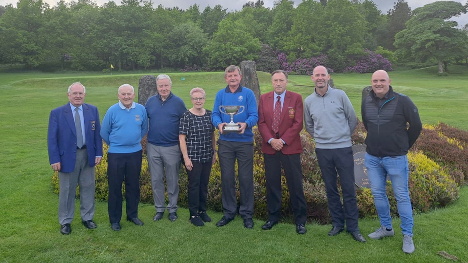 The District elite (from the left): John Barlow (District chairman), Les Lawton, Alan Squires, Linda Newman (Saddleworth Lady Captain), Mark Riley, Dave Newman (Saddleworth captain), Gary Melling and Lee Rowbotham