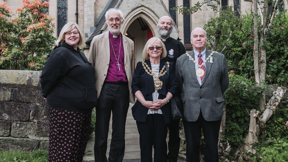 (L-R) Lucie Reilly, Lay Reader; the Bishop of Manchester, David Walker; The Mayor Oldham, Cllr Elaine Garry; the Vicar of Waterhead, Paul Monk, and the Mayor's Consort, Cllr Graham Shuttleworth