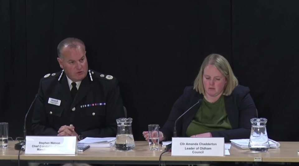 GMP Chief Constable Stephen Watson and Oldham council leader Amanda Chadderton