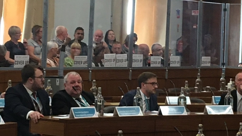 A scene from Monday's stormy debate inside Oldham Council chamber