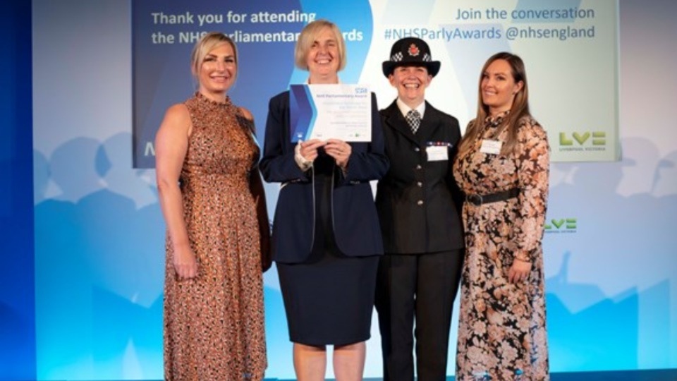 Pictured with the NHS North West Parliamentary Award are (left to right): Rachael Osborne - Service Manager and Mental Health Clinician - Pennine Care NHS Foundation Trust, Karen Maneely – Network Director of Operations at Pennine Care NHS Foundation Trust, Detective Chief Inspector Jane Curran – GMP’s Strategic Lead Mental Health and Samantha Noble -  Clinical Service Manager - Pennine Care NHS Foundation Trust