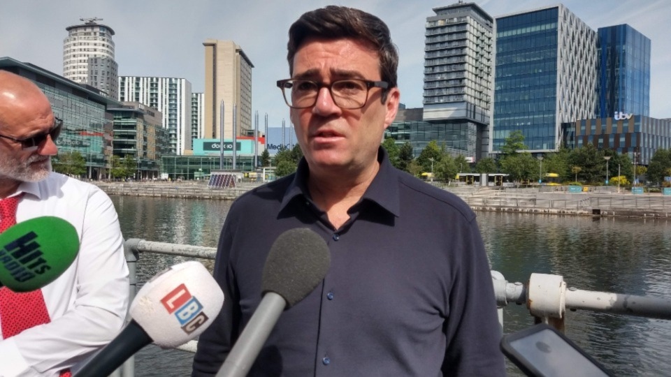 Greater Manchester Mayor Andy Burnham announces new bus fares in Salford Quays on Thursday, June 16