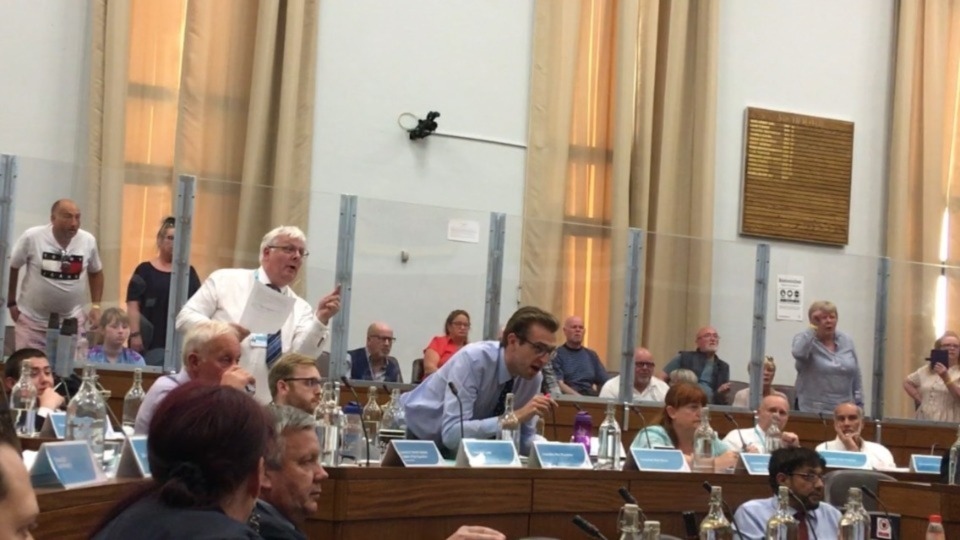 Councillors and angry residents in the public gallery at the Oldham full council meeting last night