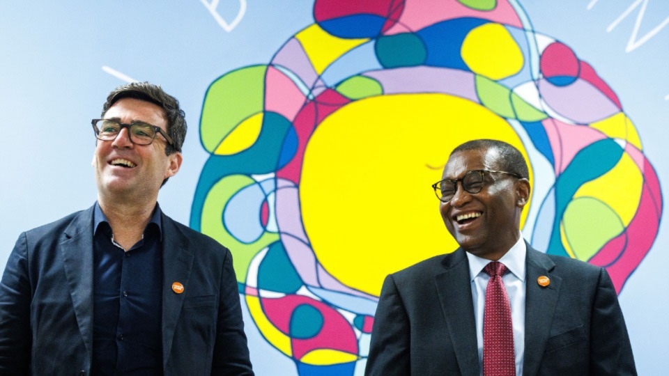 Greater Manchester Mayor Andy Burnham and Centrepoint chief executive Seyi Obakin. Images courtesy of Joel Goodman