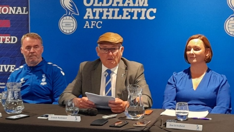 New Latics chairman Frank Rothwell is flanked by team boss John Sheridan (left) and his daughter and fellow board member Su at today's press conference New Latics chairman Frank Rothwell is flanked by team boss John Sheridan (left) and his daughter and fellow board member Su at today's press conference
